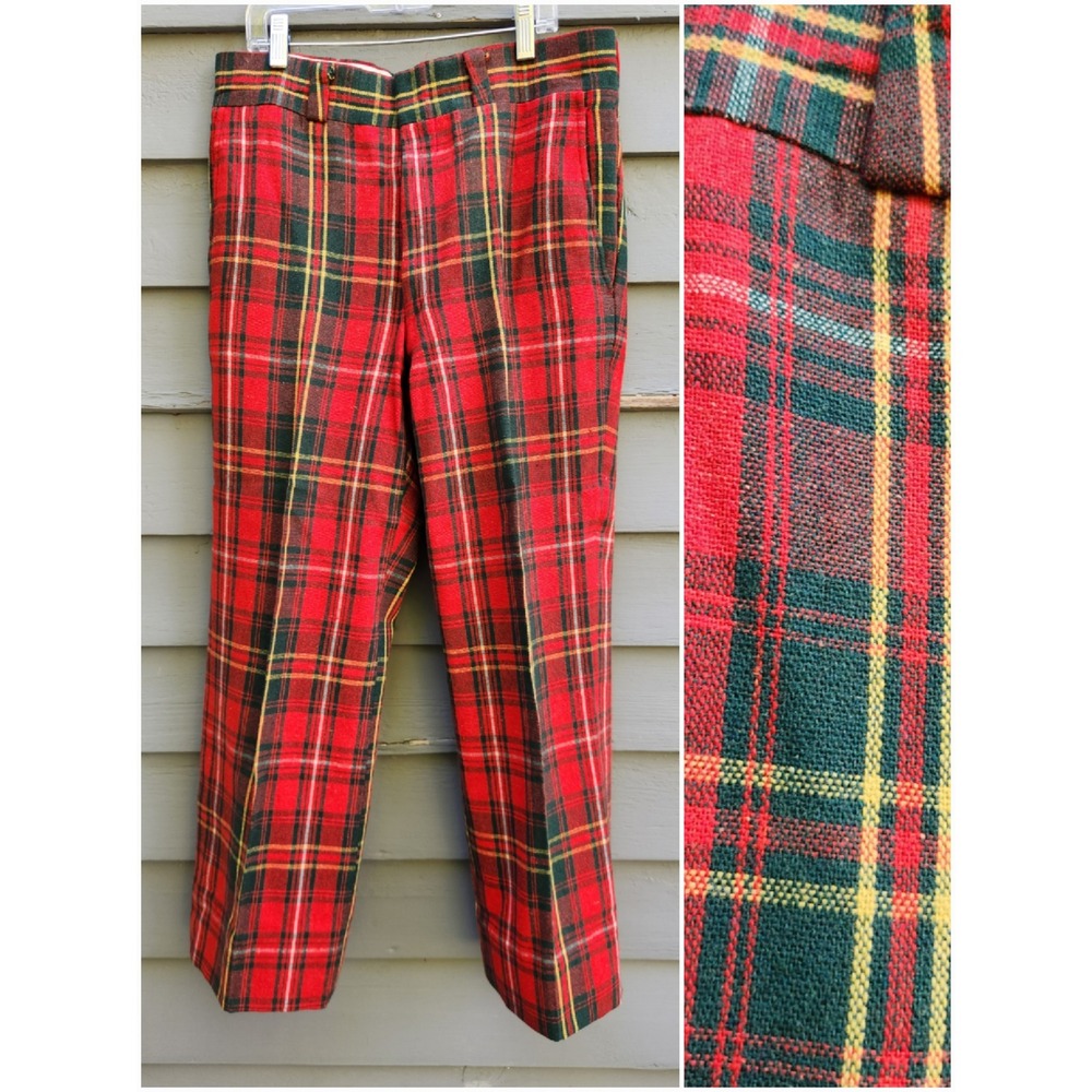 Vintage‎ 50s Plaid Trousers Red Green Tartan High Rise Straight Leg 30x25